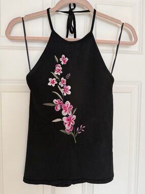 The Limited Black Halter with Pink Floral Embroidery